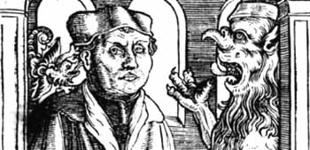 A 16th century lithograph showing Luther inspired by devils